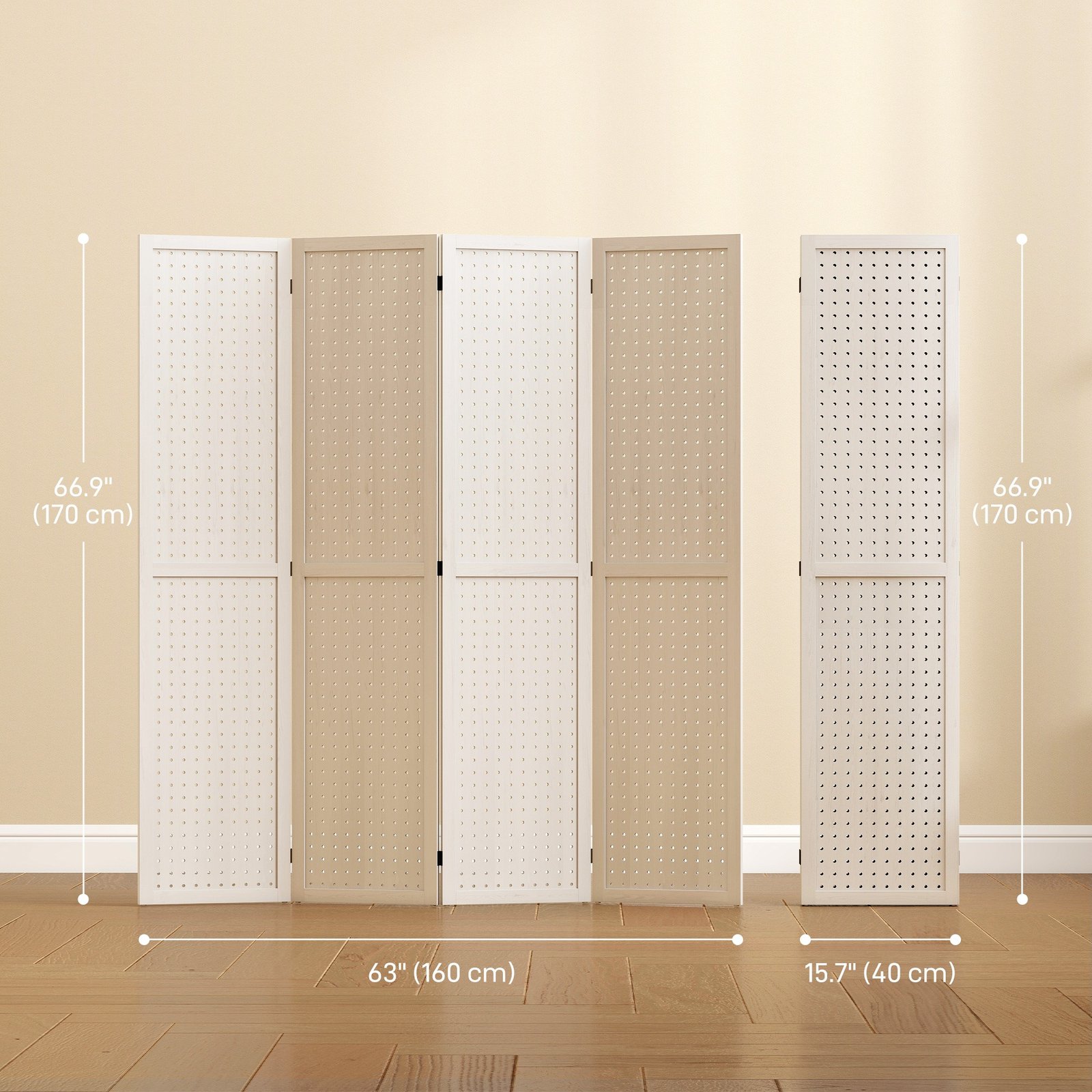 5.6 Ft. Tall 4-Panel Room Divider, Pegboard Panel Folding Privacy ...