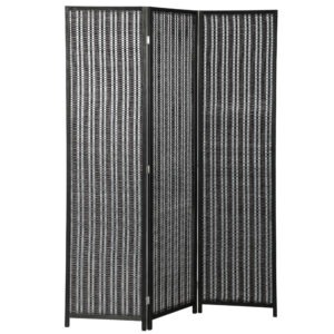 00C0f819c2310653d.jpg Folding Privacy Screen, 3 Panel Room Divider, Freestanding Partition with Handwoven Bamboo and Pine Wood Frame, Black