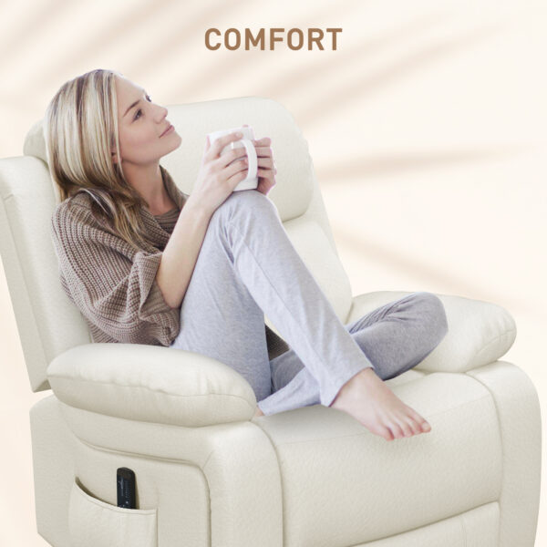 Leather Reclining Chair with Vibration Massage, Swivel Base, Rocking Function, Remote Control, Cream White