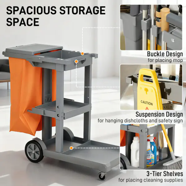 0PDa0c19b9e3d8e86.jpg Commercial Janitorial Cart with 3 Tier Shelves, Cleaning Cart with Rubbish Bag and Mop Mount for Hotel Restaurant, Grey
