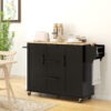 Rolling Kitchen Cart on Wheels with Drop Leaf, Kitchen Island with 3 Drawers, Solid Wood Top and Towel Rack, Black