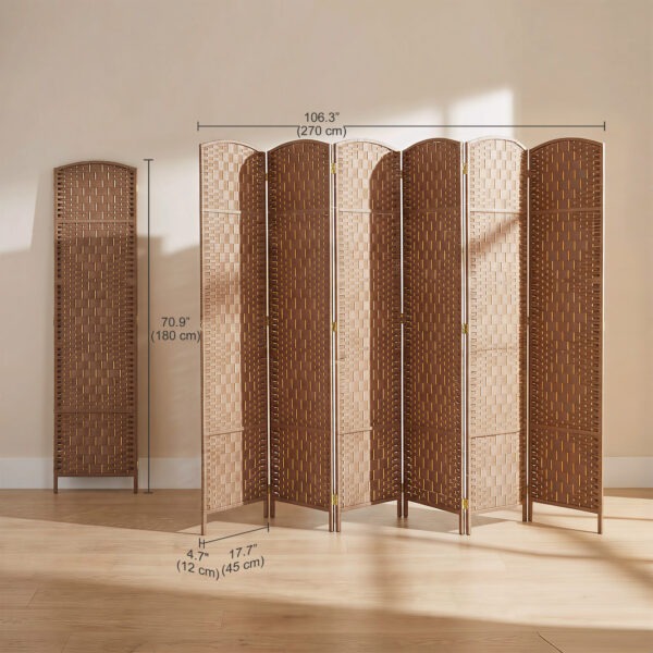 6ft Folding Room Divider, 6 Panel Wall Partition with Wooden Frame for Bedroom, Home Office, Natural