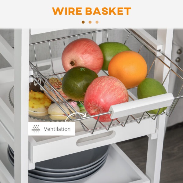 Rolling Kitchen Island Cart, Mobile Utility Storage Cart with Drawer, Wire Storage Basket, Removable Tray, White