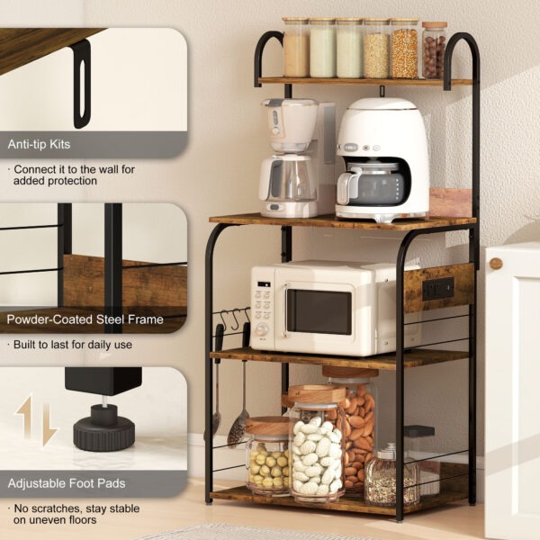 Baker's Rack with Charing Station, Microwave Shelf with Power Outlet, USB Charger and 4 Hooks, Rustic Brown