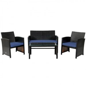 4 Pieces Rattan Patio Furniture Set with Weather Resistant Cushions and Tempered Glass Tabletop-Navy