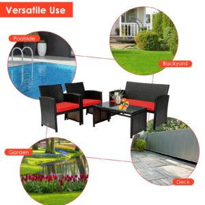 4 Pieces Patio Rattan Cushioned Furniture Set-Red