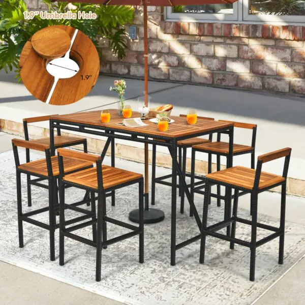 1663235233_5_578_33.jpg 7 Pieces Acacia Wood Patio Rattan Bar Set with Umbrella Hole