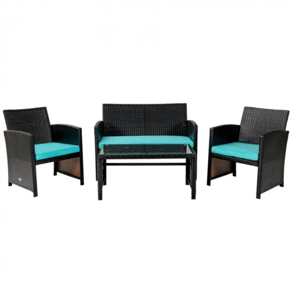 4 Pieces Rattan Patio Furniture Set with Weather Resistant Cushions and Tempered Glass Tabletop-Turquoise