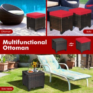 2PCS Patio Rattan Ottoman Cushioned Seat-Red