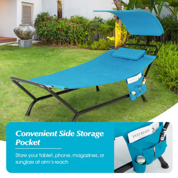 Patio Hanging Chaise Lounge Chair with Canopy Cushion Pillow and Storage Bag-Navy