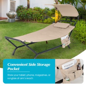 1675846734_Patio_Hanging_Chaise_Lounge_Chair_with_convenient_side_storage_pocket-9.jpg Patio Hanging Chaise Lounge Chair with Canopy Cushion Pillow and Storage Bag-Beige
