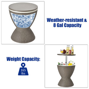 3 in 1 8 Gallon Patio Rattan Cooler Bar Table with Adjust Ice Bucket-Brown