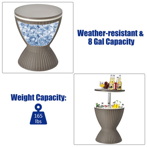 3 in 1 8 Gallon Patio Rattan Cooler Bar Table with Adjust Ice Bucket-Brown