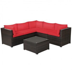 1692700946_11_366 6 Pieces Patio Rattan Furniture Set Sectional Cushioned Sofa Deck-Red