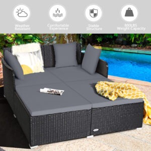 Spacious Outdoor Rattan Daybed with Upholstered Cushions and Pillows-Gray