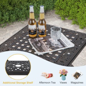 Cast Aluminum Outdoor Side Table with Storage Shelf for Garden Porch Balcony-Rustic Brown