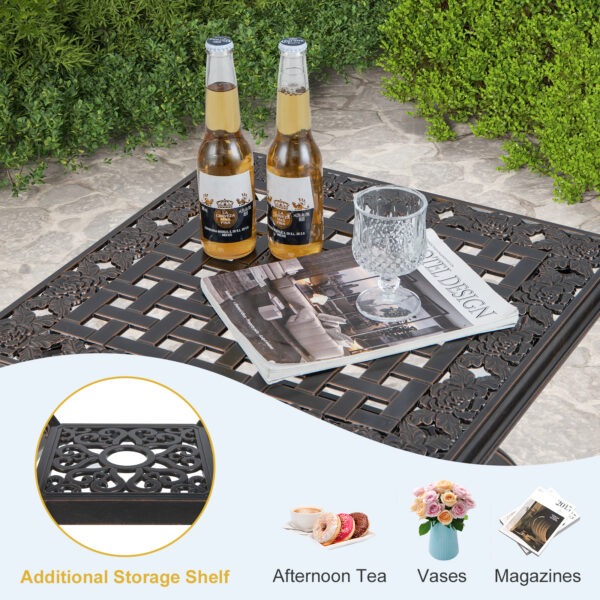 Cast Aluminum Outdoor Side Table with Storage Shelf for Garden Porch Balcony-Rustic Brown