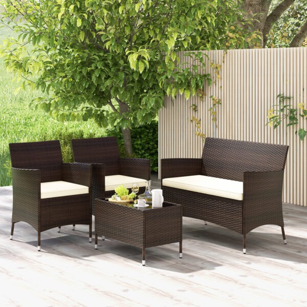 4 Pieces Comfortable Outdoor Rattan Sofa Set with Glass Coffee Table-Light Brown