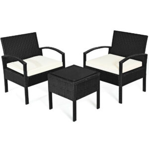3 Piece Patio Rattan Furniture Set Sofa Cushioned Table Garden