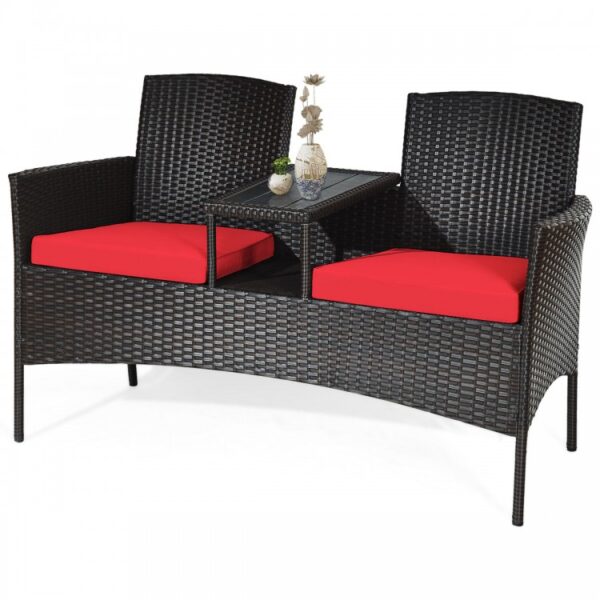 Wicker Patio Conversation Furniture Set with Removable Cushions and Table-Red