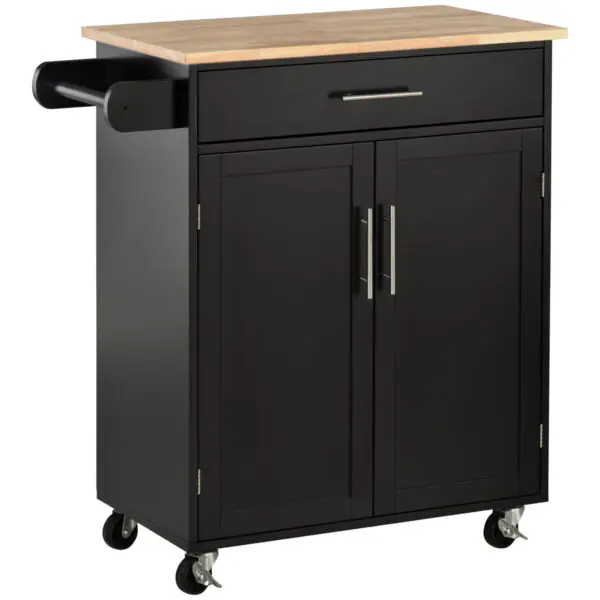 Rolling Kitchen Island Cart with Wood Top, Enough Storage Drawer Space with Towel Bar Rack Shelves, Portable Kitchen Utility Serving Cart Trolley on Wheels, Black
