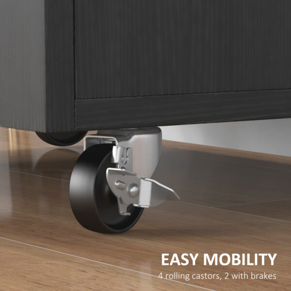 Modern Rolling Kitchen Island Cart with Drawer, Natural Wood Top, Towel Rack, Door Storage Cabinet, Distressed Black