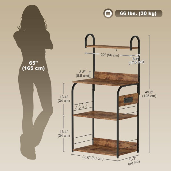 Baker's Rack with Charing Station, Microwave Shelf with Power Outlet, USB Charger and 4 Hooks, Rustic Brown