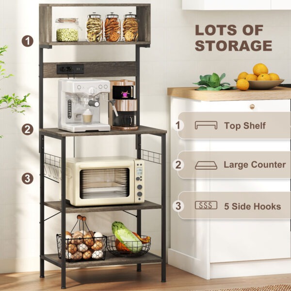 Baker's Rack with Charing Station, Microwave Shelf with Power Outlet, USB Charger and 5 Hooks, Distressed Grey