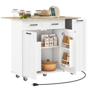 Kitchen Island on Wheels with Wood Drop Leaf, Charging Station, Rolling Kitchen Cart with Adjustable Shelf, White