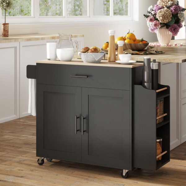 2KYa59198991f1075.jpg Kitchen Island with Storage, Rolling Kitchen Cart with Foldable Drop Leaf, Power Outlet and USB Ports, Black