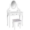 Wooden Vanity Table Set, Makeup Dressing Table with 360° Rotating, 5 Drawers and Padded Stool, White