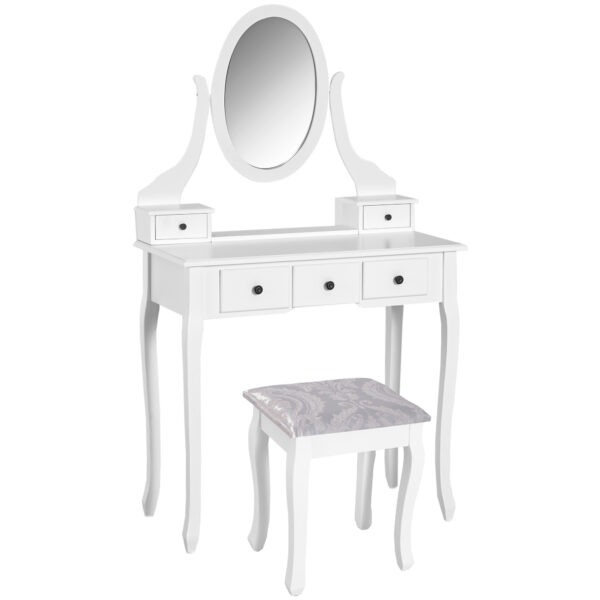 Wooden Vanity Table Set, Makeup Dressing Table with 360° Rotating, 5 Drawers and Padded Stool, White