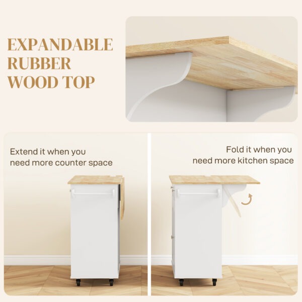 Kitchen Island with Power Outlet and Drop Leaf, Rolling Kitchen Cart with 2 Drawers and Adjustable Shelves, White