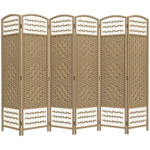 6 Panel Folding Room Divider, Portable Privacy Screen, Wave Fiber Room Partition for Home Office, Natural