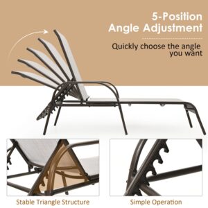 2 Pcs Outdoor Patio Lounge Chair Chaise Fabric with Adjustable Reclining Armrest-Gray