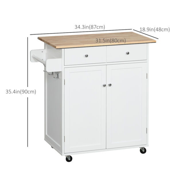 Rolling Kitchen Island with Storage, Kitchen Cart with Rubber Wood Top, Adjustable Shelf, Towel Rack, Hooks and Storage Drawers, White