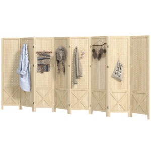 Wooden Room Divider with Pegboard Display, 8 Panel Folding Privacy Screen for Home Office, Natural Wood