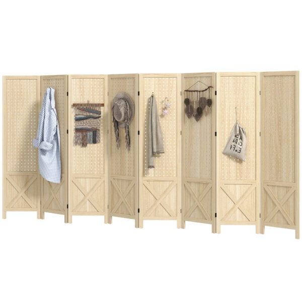Wooden Room Divider with Pegboard Display, 8 Panel Folding Privacy Screen for Home Office, Natural Wood