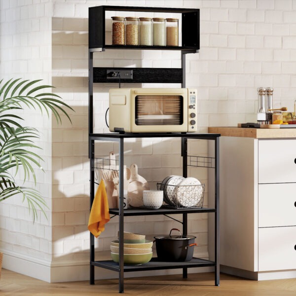 Baker's Rack with Charing Station, Microwave Shelf with Power Outlet, USB Charger and 5 Hooks, Black
