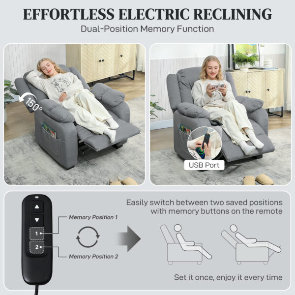Massage Recliner Chair with Quiet Brushless Motor Pet-Friendly Fabric Power Recliner with 2 Memory Positions Grey