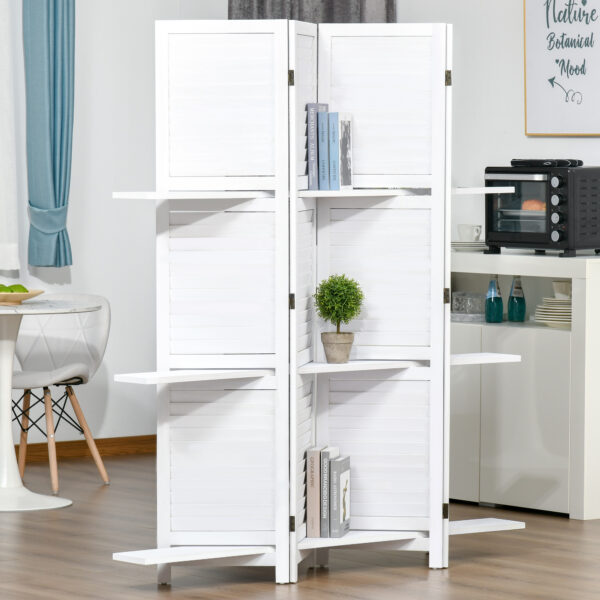 4-Panel Wall Partition Room Separator with 3 Storage Shelves Foldable Design Wooden Frame 5.6FT White
