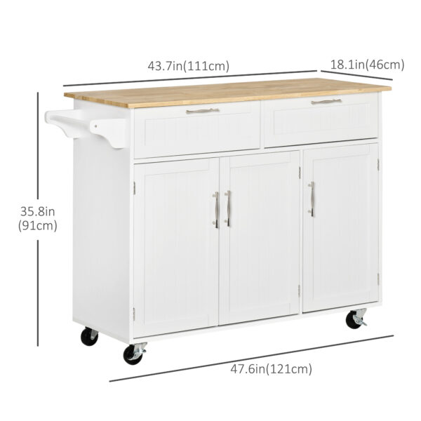 48" Rolling Kitchen Island, Kitchen Cart on Wheels with 2 Storage Drawers, 3 Door Cabinets and Towel Rack for Dining Room (White, 3-Doors)