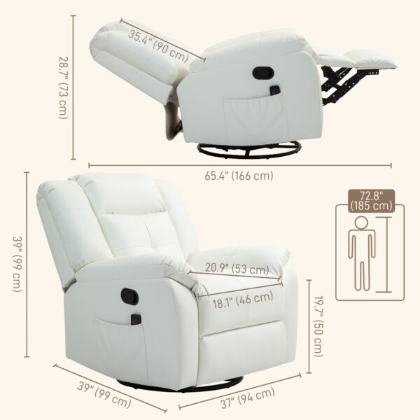 8-Point Vibration Massage Recliner Chair with Comfor Padding, Remote Control, Side Pockets, Swivel Nursery Rocking Chair, Cream White