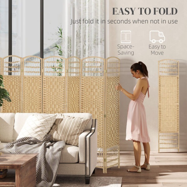 8 Panel Folding Room Divider, Portable Privacy Screen, Wave Fiber Room Partition for Home Office, Natural