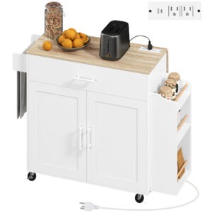 Kitchen Island with Storage, Rolling Kitchen Cart with Foldable Drop Leaf, Power Outlet and USB Ports, White