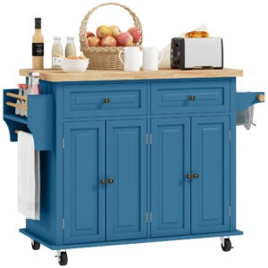 Kitchen Island with Storage, Rolling Trolley Cart with Rubber Wood Top, Spice Rack, Towel Rack, Blue