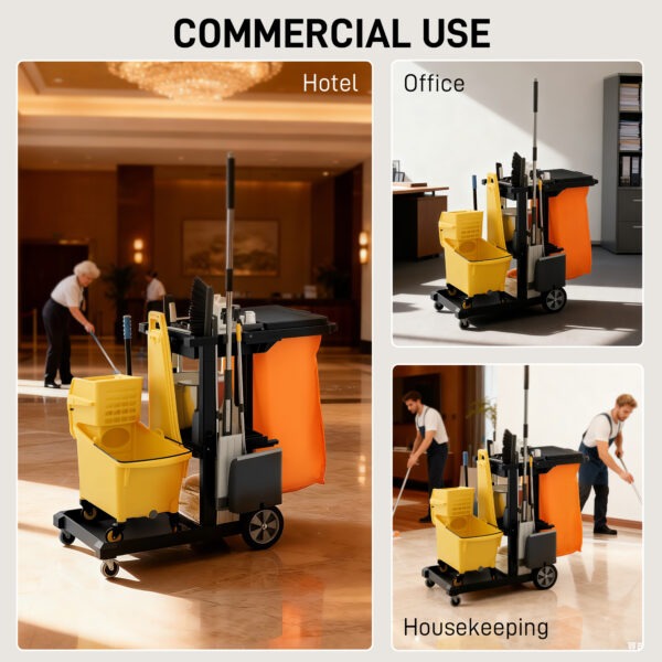 Commercial Janitorial Cart with 3 Tier Shelves, Cleaning Cart with Rubbish Bag and Mop Mount for Hotel Restaurant, Black