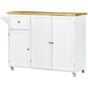 Rolling Kitchen Island with Storage, Utility Kitchen Island Cart with Drawer, Cabinets, Towel Rack and Rubber Wood Top