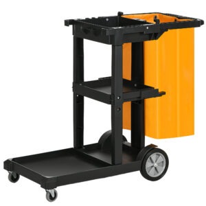 Janitorial Cart with 3 Shelves, Cleaning Cart on Wheels with Rubbish Bag and Mop Holders for Hotel, Housekeeping, Black