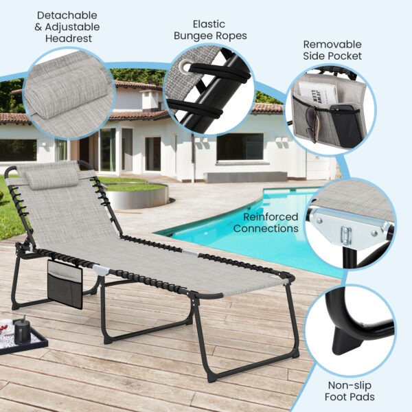 4 Position Folding Lounge Chaise with Adjustable Backrest and Footrest-Gray